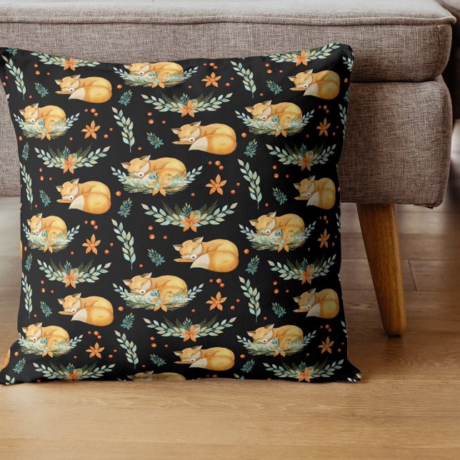 Winter Cottcore Sleeping Fox Black Kussen (Creator heeft geüpload)