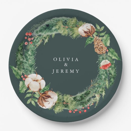 Winter Cotton and Greens Mongram Wedding Papieren Bordje (Voorkant)