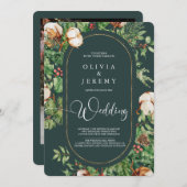 Winter Cotton and Greens Photo Wedding Kaart (Voorkant / Achterkant)