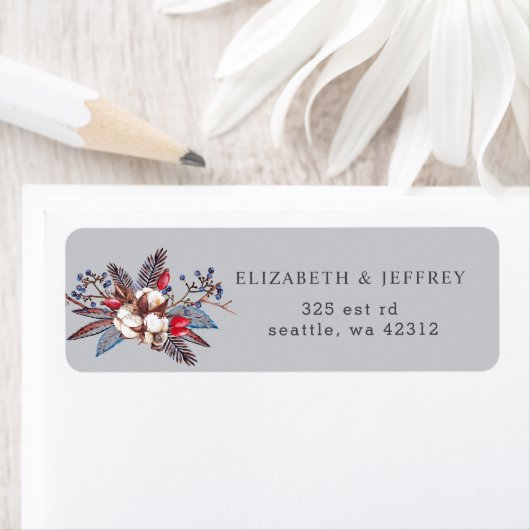 Winter Cotton Dusty Blue Red Berries bruiloft Etiket (Insitu)