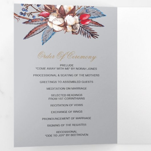 Winter Cotton Dusty Blue Red Berries Wedding Drieluik Programma (Binnenzijde eerst)