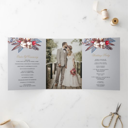 Winter Cotton Dusty Blue Red Berries Wedding Drieluik Programma (Binnen)