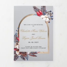 Winter Cotton Dusty Blue Red Berries Wedding Drieluik Programma
