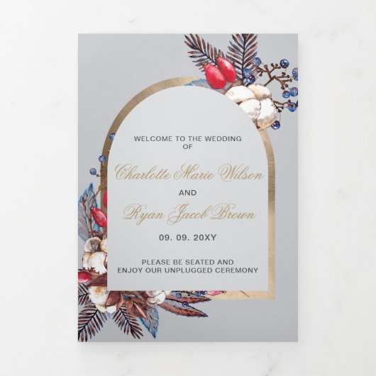 Winter Cotton Dusty Blue Red Berries Wedding Drieluik Programma (Cover)