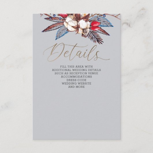 Winter Cotton Dusty Blue Red Berries Wedding Informatiekaartje (Voorkant)