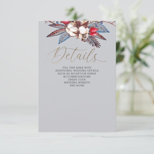 Winter Cotton Dusty Blue Red Berries Wedding Informatiekaartje (Staand voorkant)