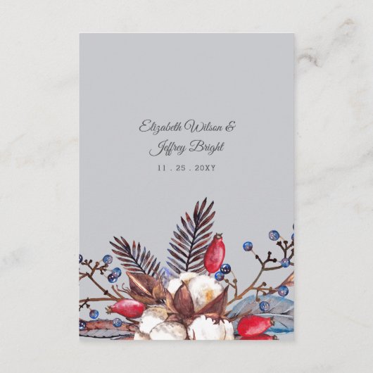 Winter Cotton Dusty Blue Red Berries Wedding Informatiekaartje (Achterkant)