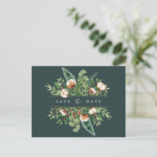 Winter Cotton en Greens Save the Date Briefkaart (Staand voorkant)