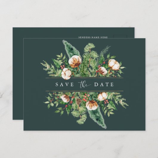Winter Cotton en Greens Save the Date Briefkaart (Voorkant / Achterkant)