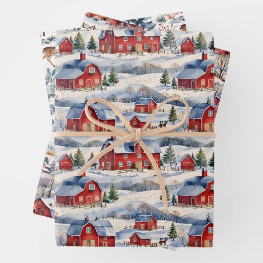 Winter Country Farm & Rode Schuren Inpakpapier Vel (In situ)