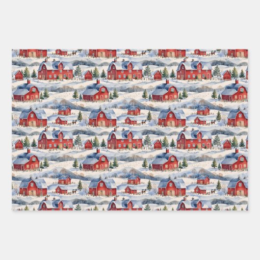Winter Country Farm & Rode Schuren Inpakpapier Vel (Voorkant)