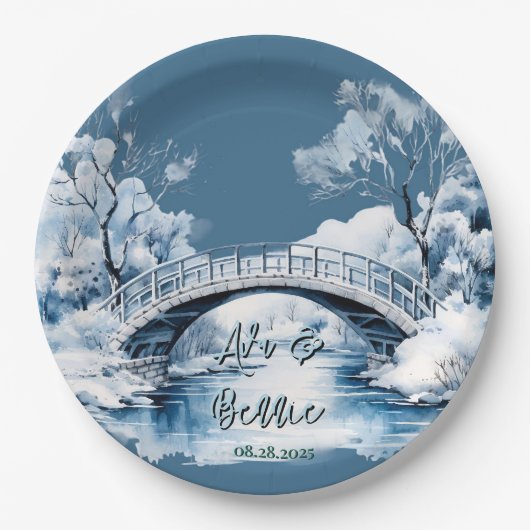 Winter Country Water Stream Bridge bruiloft Papieren Bordje (Voorkant)