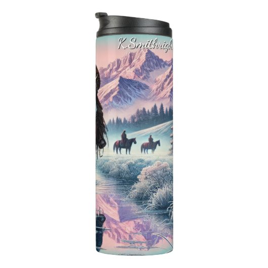 Winter Cowboy Horse Mountain Reflection Thermosbeker (Geroteerd rechts)