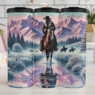 Winter Cowboy Paard Berg Reflectie Thermosbeker