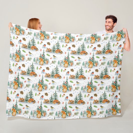 Winter Cozy Natuur Fox Rabbit Birds Pine Cones Fleece Deken (In situ)