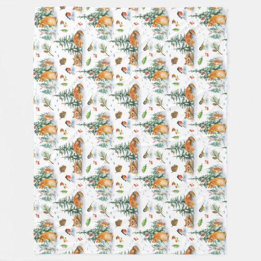 Winter Cozy Natuur Fox Rabbit Birds Pine Cones Fleece Deken (Voorkant)
