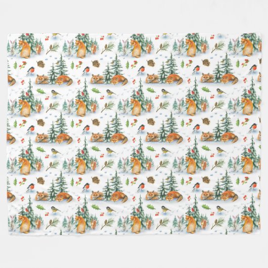 Winter Cozy Natuur Fox Rabbit Birds Pine Cones Fleece Deken (Voorkant (Horizontaal))