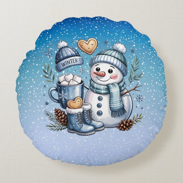 Winter Cozy Snowman Rond Kussen (Voorkant)