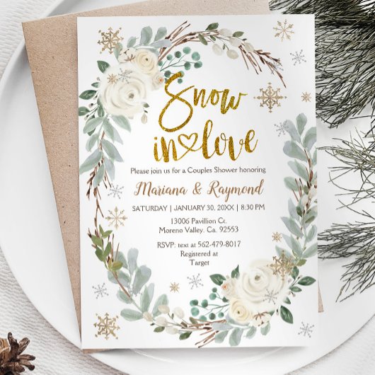 Winter Creamy Floral Snow in Love Couples Shower Kaart