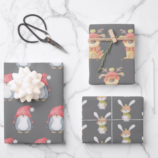 Winter Critters Trio Holiday Inpakpapier Vel (Voorkant)