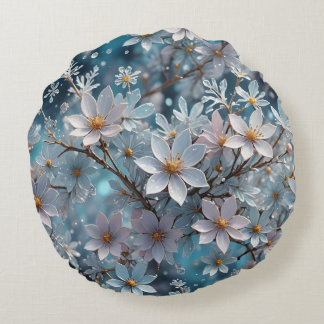 Winter Crystal Frost Sakura Blossom Ronde Kussen