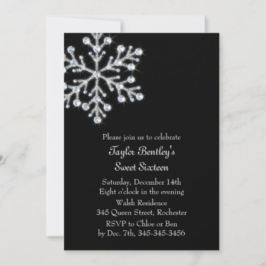 Winter Crystal Sweet 16th Birthday Invite black Kaart (Voorkant)