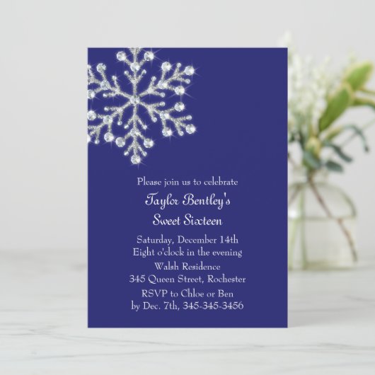 Winter Crystal Sweet 16th Birthday Invite indigo Kaart (Staand voorkant)