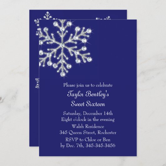 Winter Crystal Sweet 16th Birthday Invite indigo Kaart (Voorkant / Achterkant)