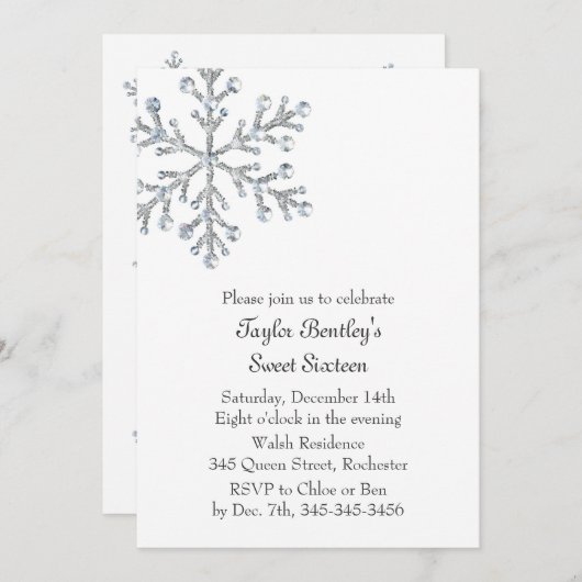 Winter Crystal Sweet 16th Birthday Invite Kaart (Voorkant / Achterkant)