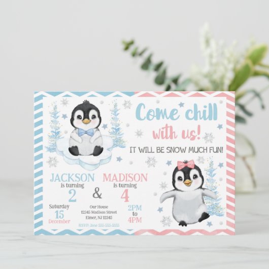 Winter Cute Penguins Joint Birthday Kaart (Staand voorkant)