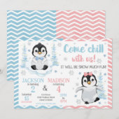 Winter Cute Penguins Joint Birthday Kaart (Voorkant / Achterkant)