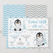Winter Cute Penguins Joint Birthday Kaart (Voorkant / Achterkant)