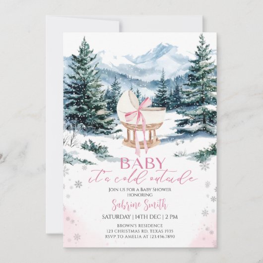 Winter Cute Pink Bow Cradle Baby Shower Kaart (Voorkant)