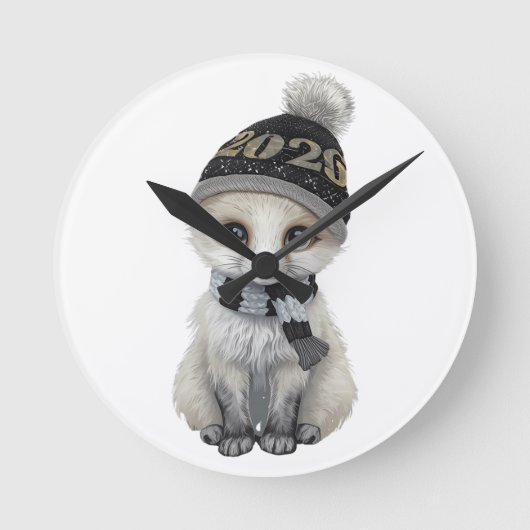 Winter Cutie 2026 Wandklok – Schattig Winterdier (Voorkant)