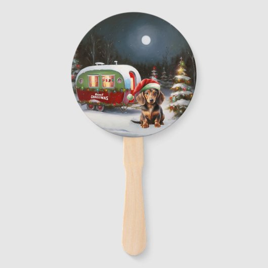 Winter Dachshund Caravan Kerstavontuur Handwaaier (Voorkant)
