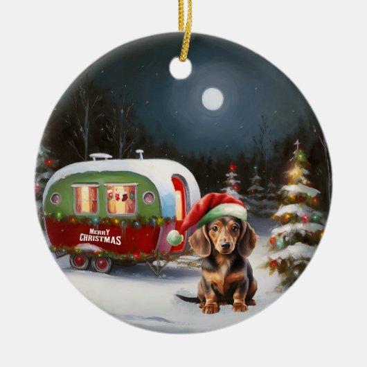 Winter Dachshund Caravan Kerstavontuur Keramisch Ornament (Voorkant)