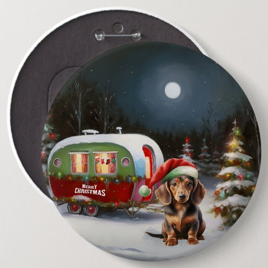 Winter Dachshund Caravan Kerstavontuur Ronde Button 6,0 Cm (Voorkant /achterkant)