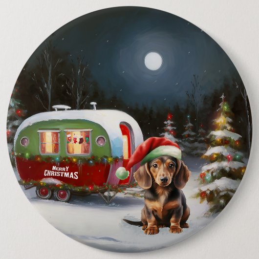 Winter Dachshund Caravan Kerstavontuur Ronde Button 6,0 Cm (Voorkant)