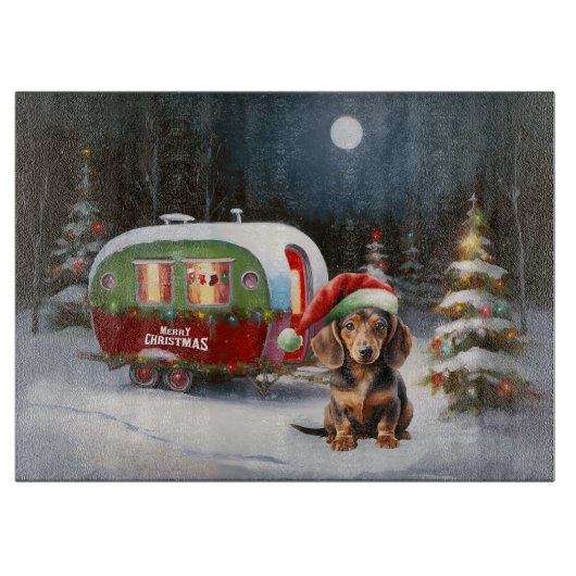 Winter Dachshund Caravan Kerstavontuur Snijplank (Voorkant)