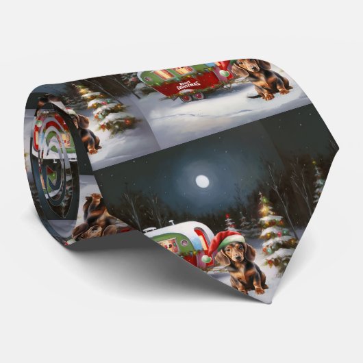 Winter Dachshund Caravan Kerstavontuur Stropdas (Opgerold)