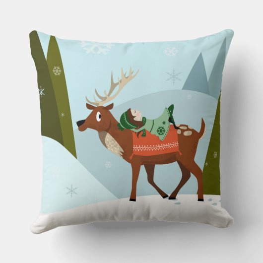 Winter deer and elf in snow Christmas tale fun art Kussen (Achterkant)