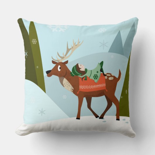 Winter deer and elf in snow Christmas tale fun art Kussen (Voorkant)