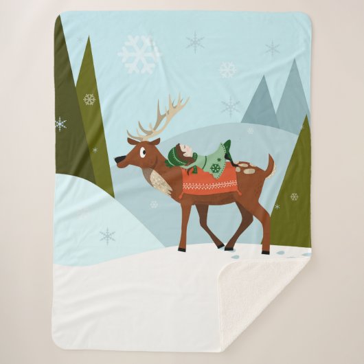 Winter deer and elf in snow Christmas tale fun art Sherpa Deken (Voorkant)