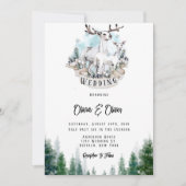Winter Deer Antlers Snow Owl Moon Wedding Kaart (Voorkant)