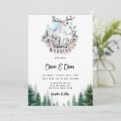 Winter Deer Antlers Snow Owl Moon Wedding Kaart (Staand voorkant)