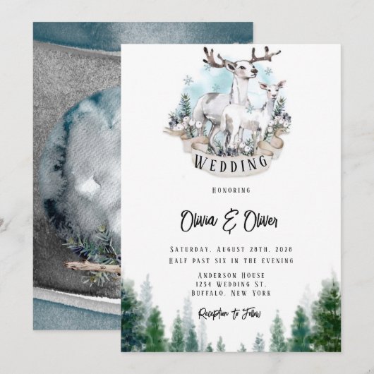 Winter Deer Antlers Snow Owl Moon Wedding Kaart (Voorkant / Achterkant)