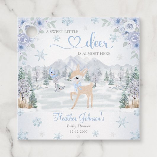 Winter Deer Blue Snowflake Baby shower Bedankjes Labels (Voorkant)