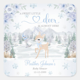Winter Deer Blue Snowflake Baby shower Vierkante Sticker