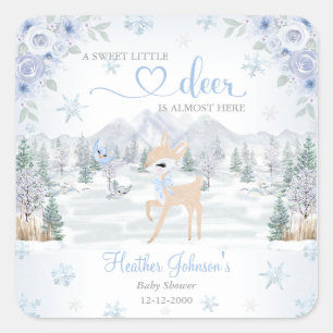 Winter Deer Blue Snowflake Baby shower Vierkante Sticker