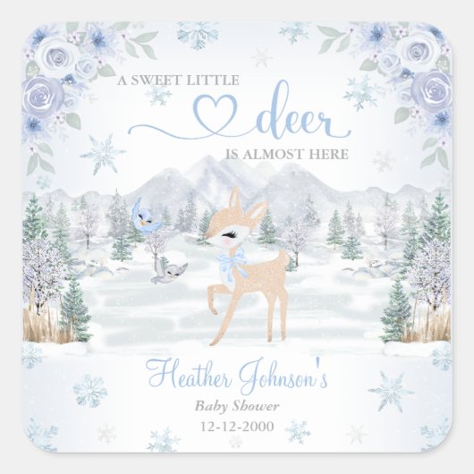 Winter Deer Blue Snowflake Baby shower Vierkante Sticker (Voorkant)